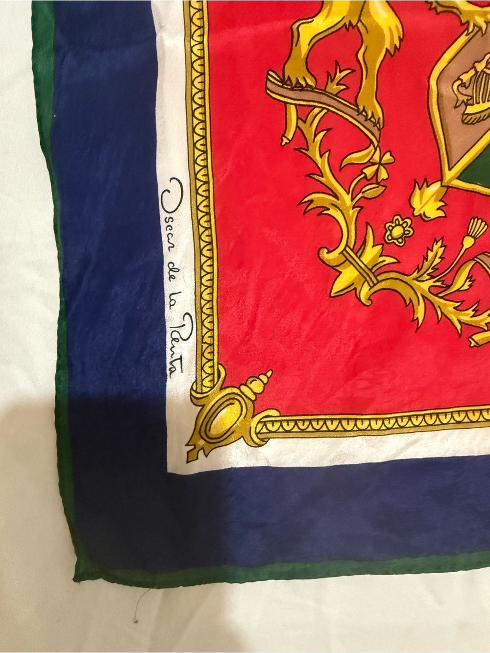 Oscar de la Renta Navy, Red, Green and Gold Medallion Silk Scarf - Picture 3 of 5